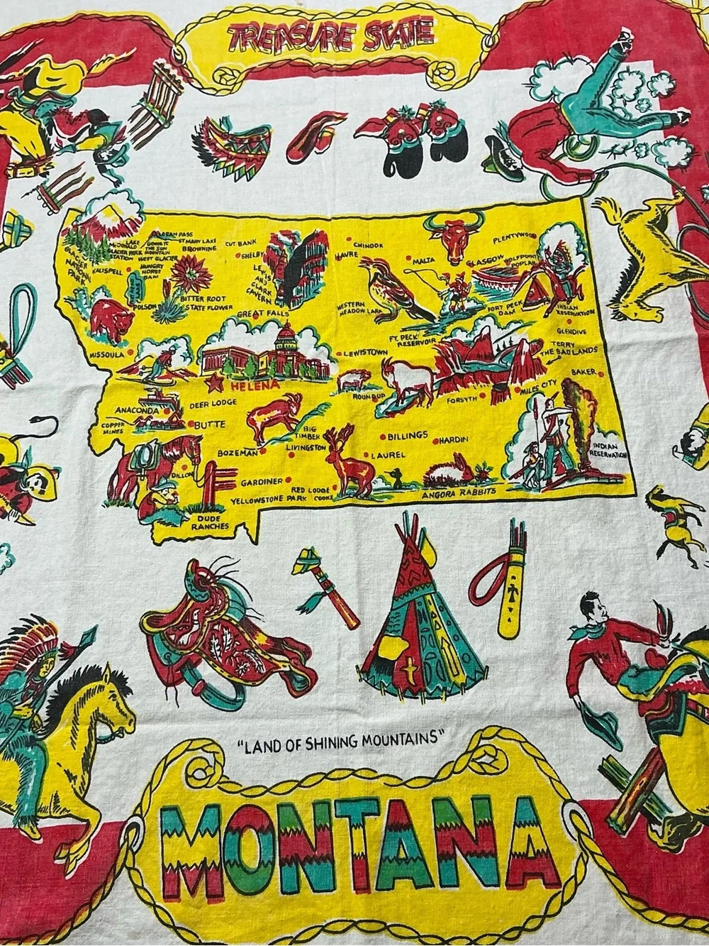 Vintage Montana land of shining mountains 1950s souvenir tablecloth 31x36